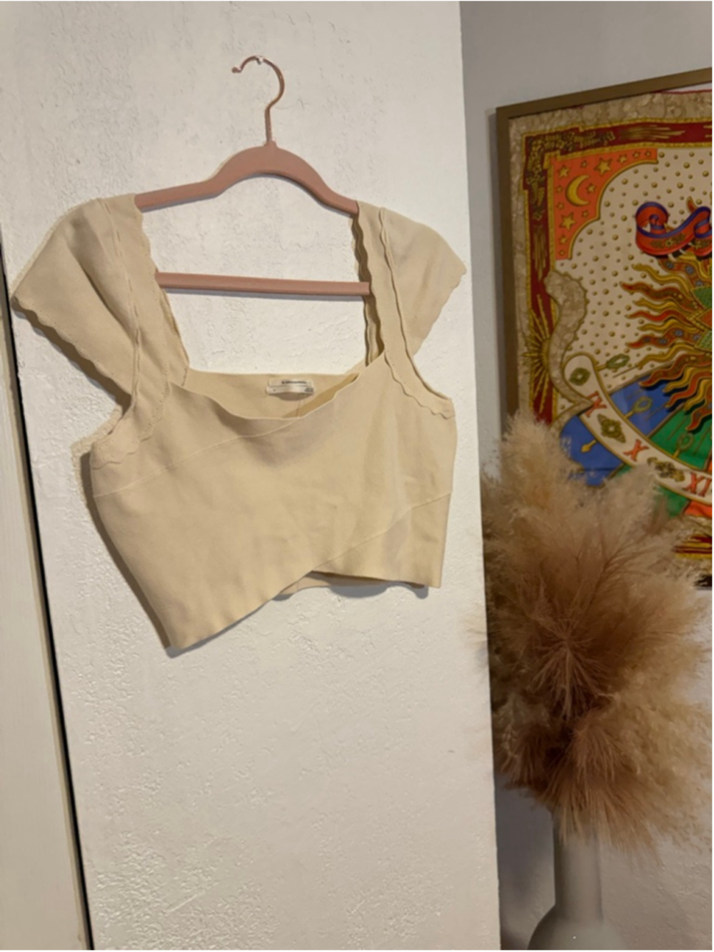Preowned, Anthropologie, beige,cross over scalloped crop top, size large
